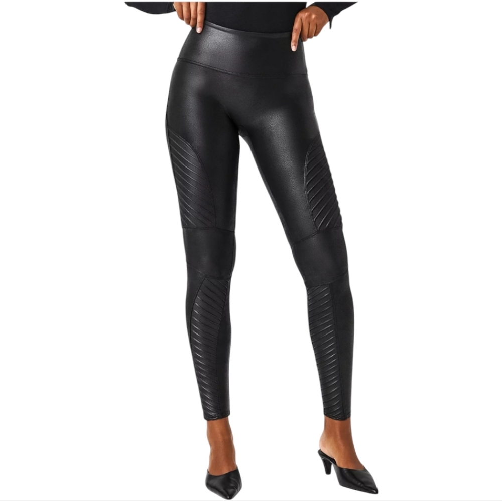 SPANX Faux Leather Moto Leggings Black High Rise Skinny Pants XS NWOT - Picture 4 of 10